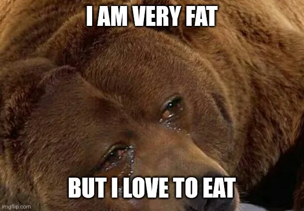 A close-up image of a brown bear with a sad, tearful expression, looking downwards. White bold text is overlaid at the top…