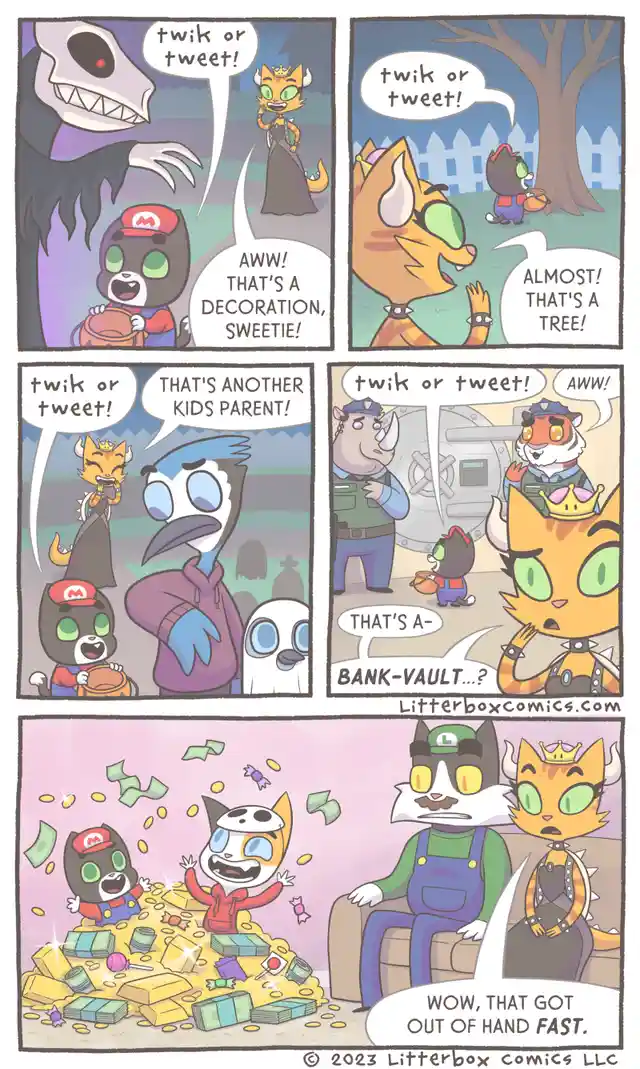 A comic strip shows a cat character repeatedly asking 'twik or tweet!' while tricking various characters into thinking a…
