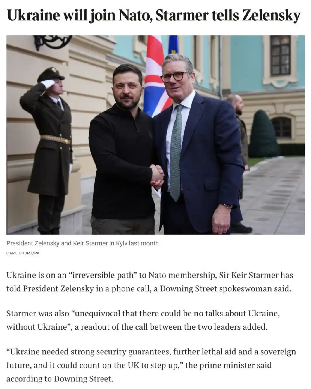 A news article screenshot shows Ukrainian President Volodymyr Zelensky shaking hands with UK Prime Minister Keir Starmer in…