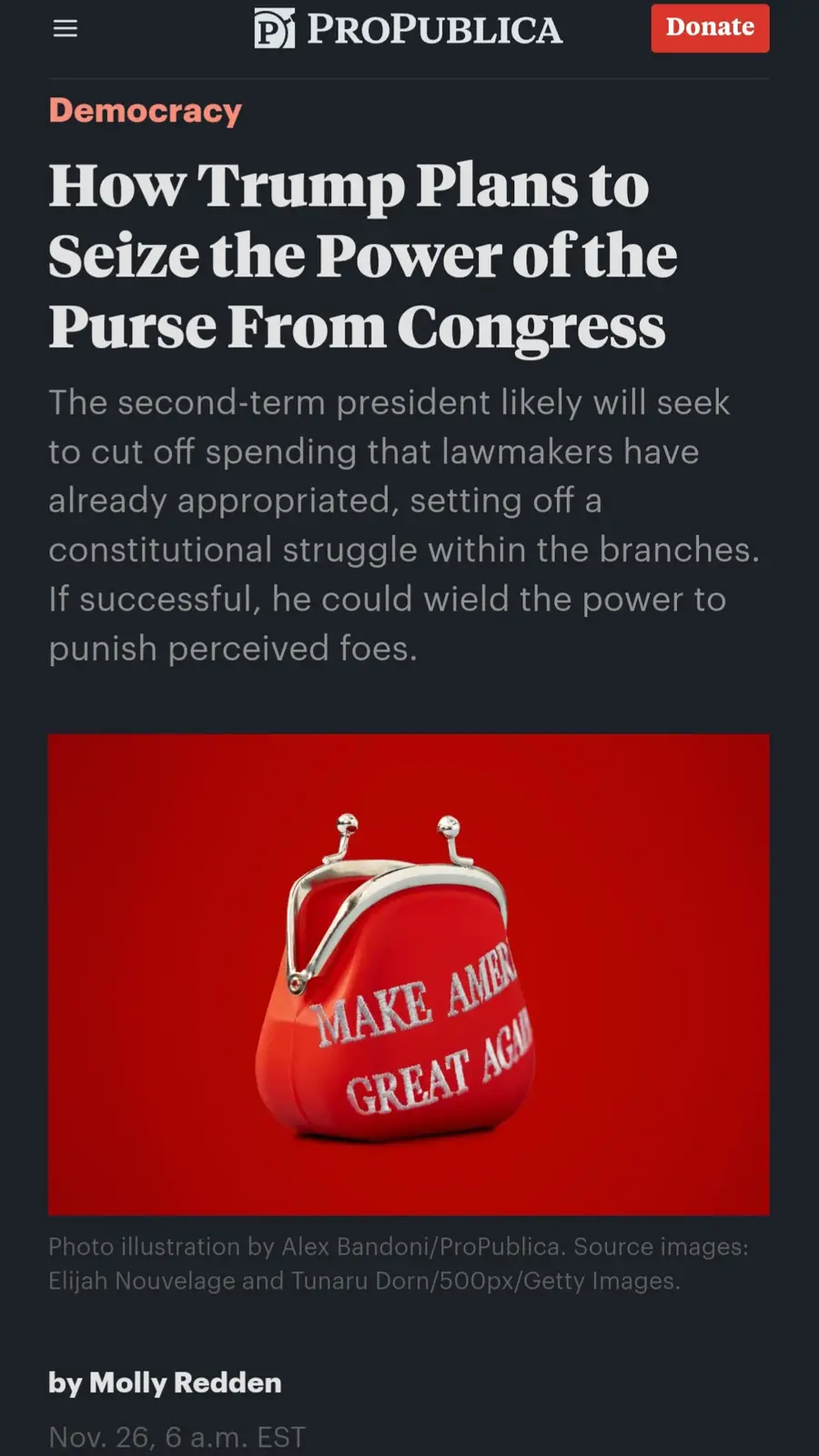 A screenshot of a ProPublica news article titled 'How Trump Plans to Seize the Power of the Purse From Congress' features a…