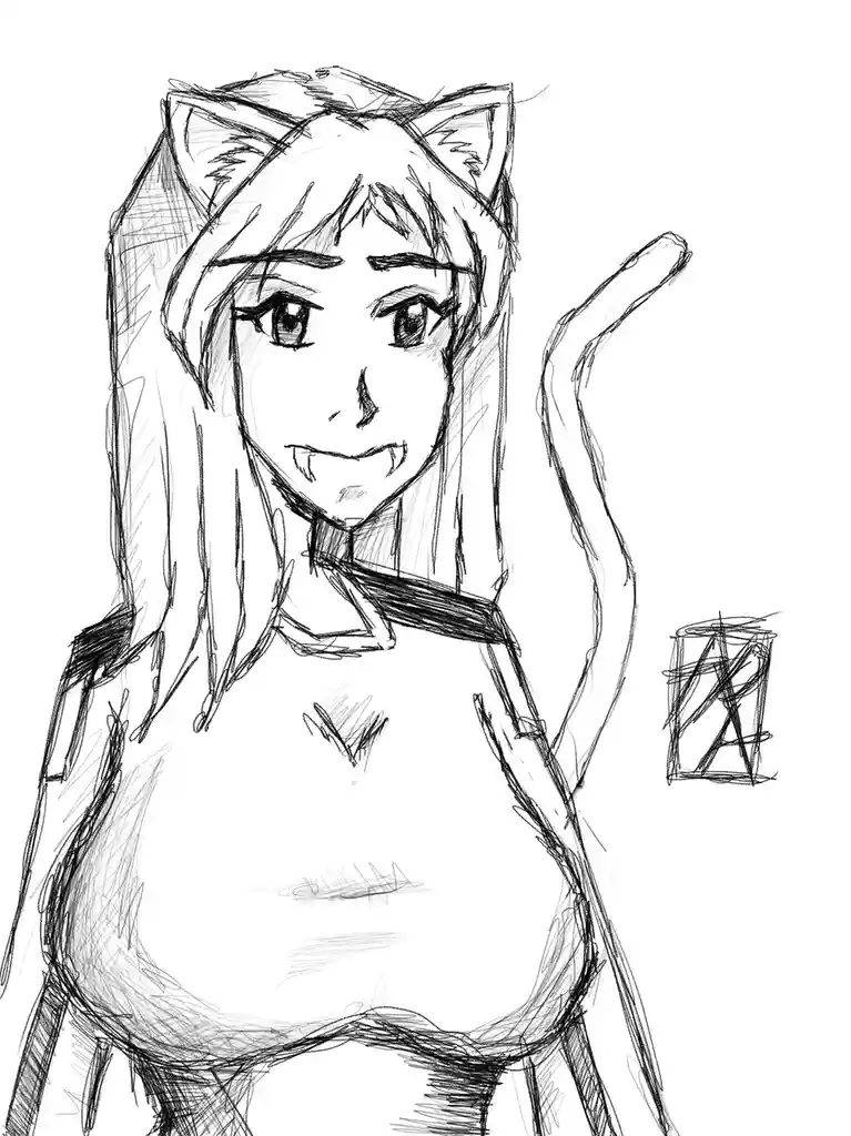 A black-and-white sketch of an anime-style female character with cat ears, fangs, and a tail, smiling while gesturing with…