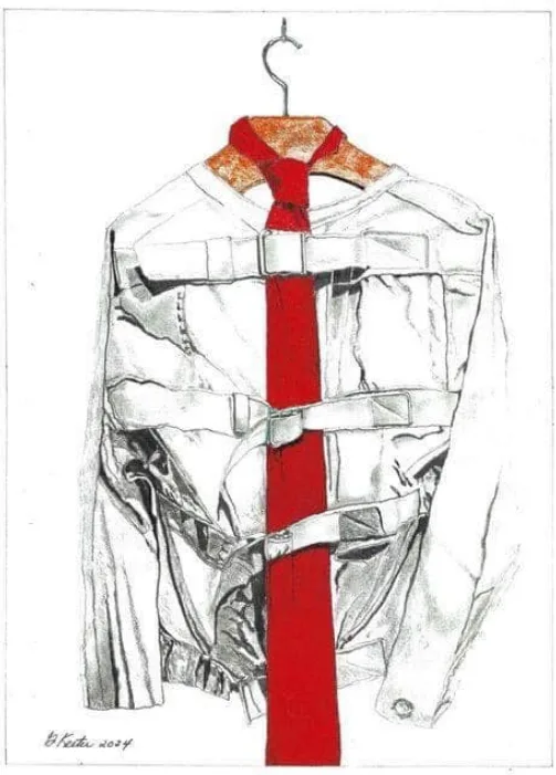 A sketch of a silver jacket hanging on a hanger, with a red tie wrapped tightly around its neck and torso, secured by…