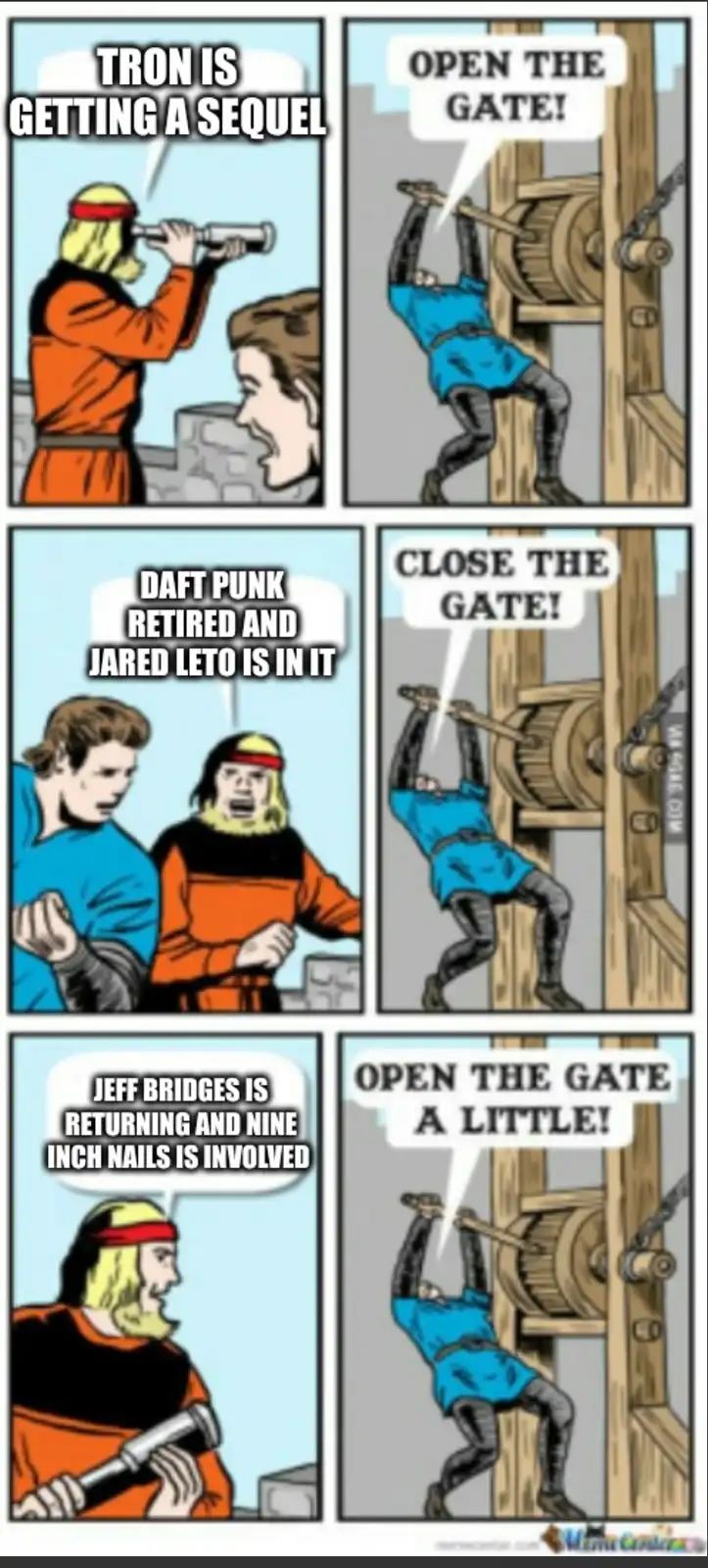 A six-panel comic strip parodying medieval castle gate mechanics to humorously depict the escalating, increasingly absurd…