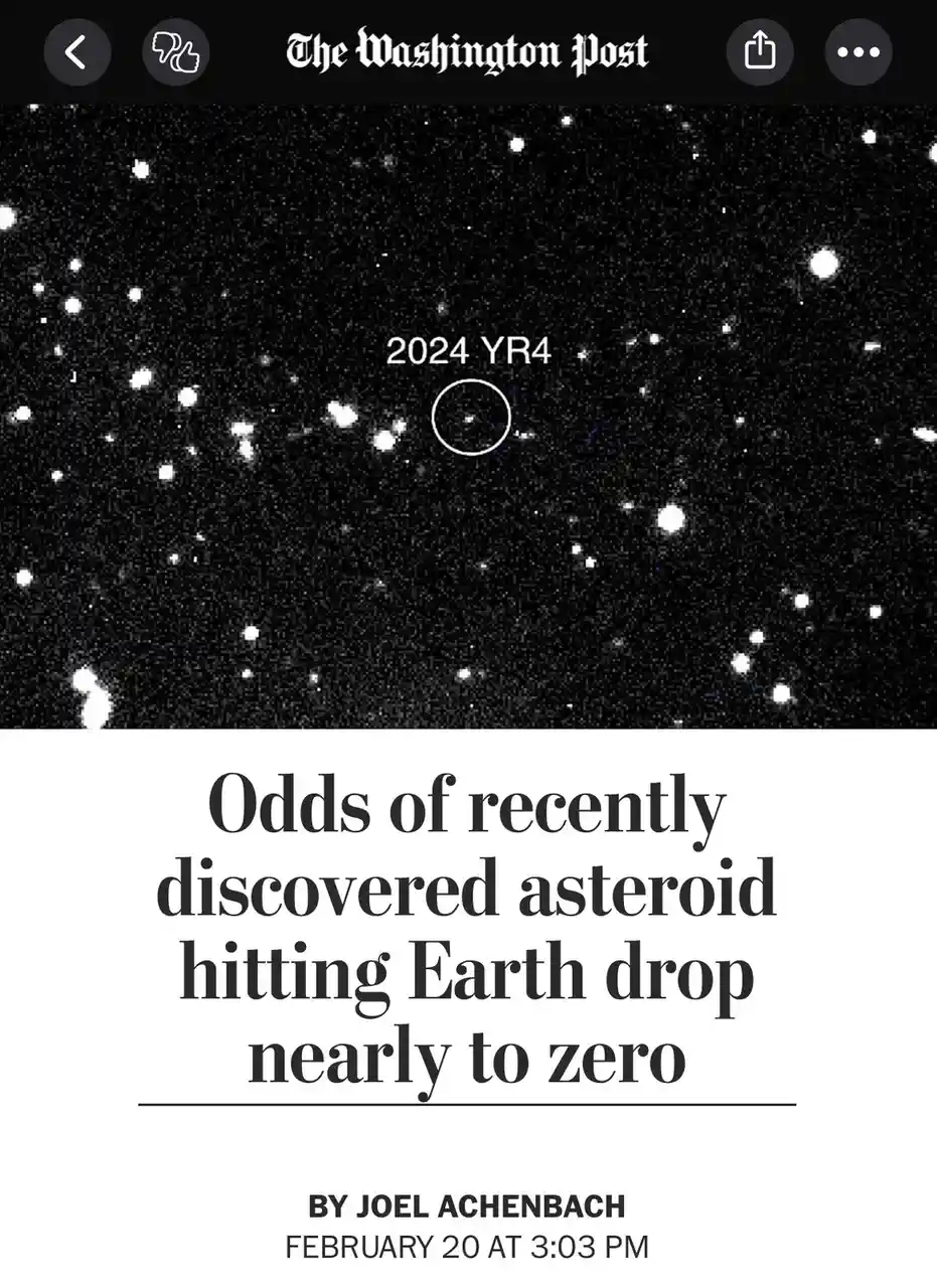 A black-and-white image from The Washington Post shows a starfield with a circled object labeled '2024 YR4'. Below, a…