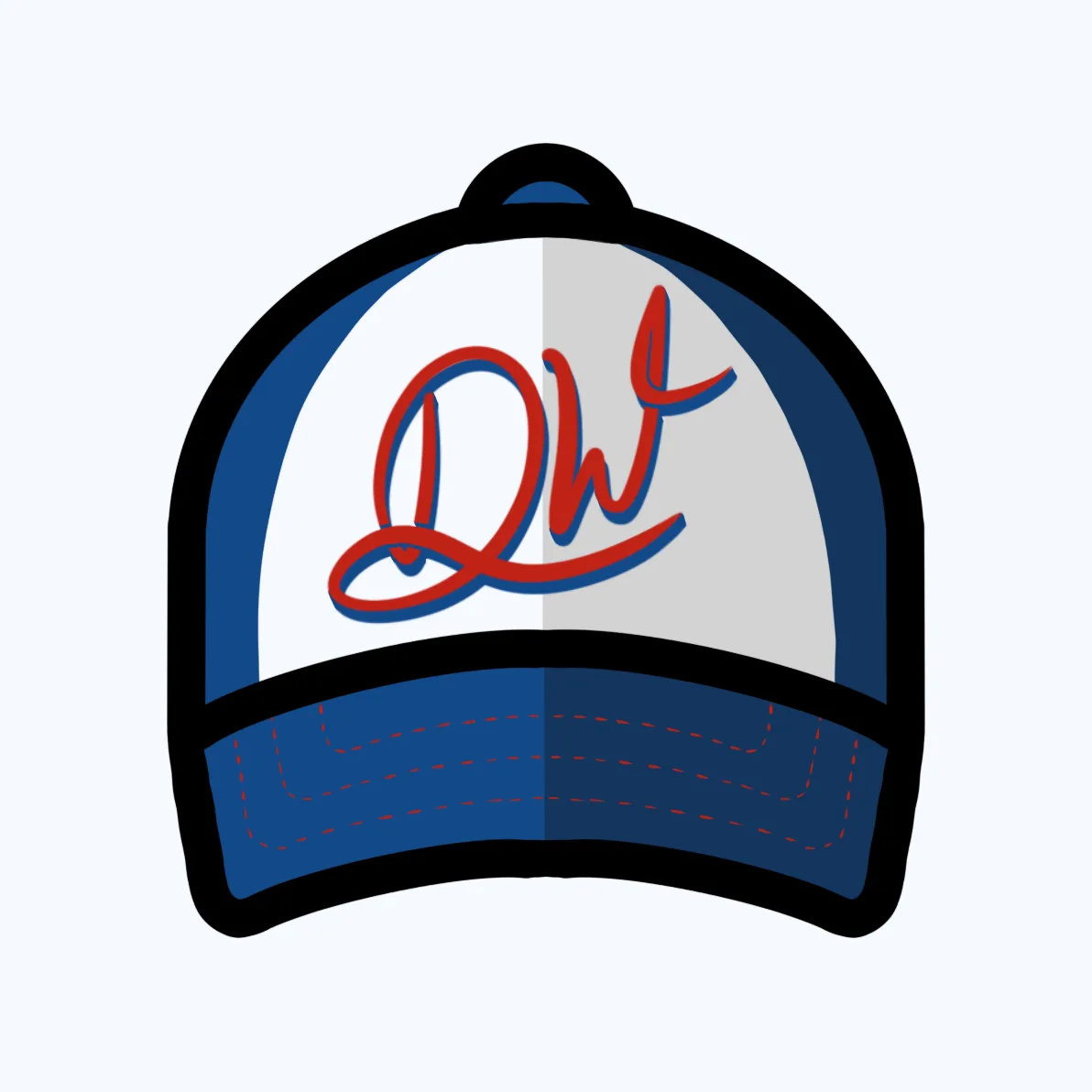 A cartoon-style baseball cap split down the middle, with the left side white and the right side gray, both featuring red…