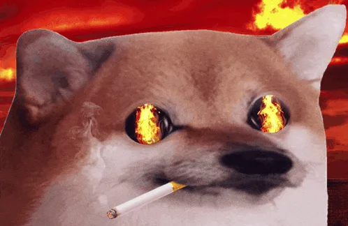 The image displays six panels of a Shiba Inu dog with fiery eyes and a cigarette in its mouth, set against a red-orange…