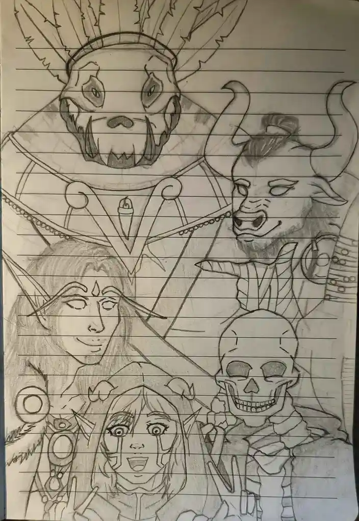 A pencil sketch on lined notebook paper shows five fantasy characters: a dog-headed figure with a feathered headdress, a…