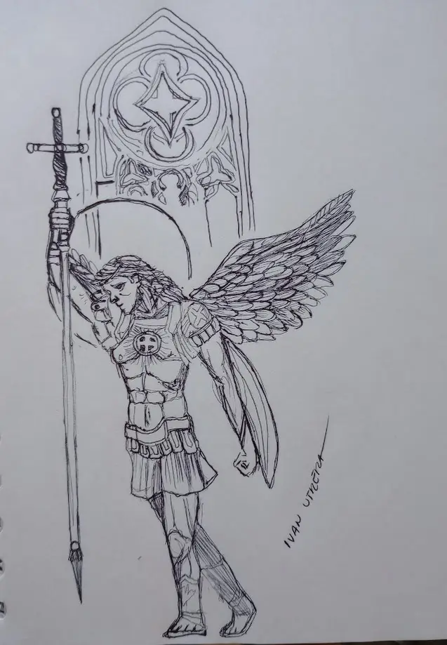A black-and-white sketch depicts a winged, armored angelic figure holding a sword upright, standing before a gothic-style…