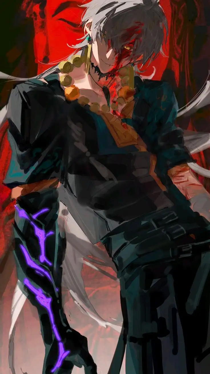 An anime-style illustration of a male character with white and black hair, blood on his face, wearing dark clothing and a…