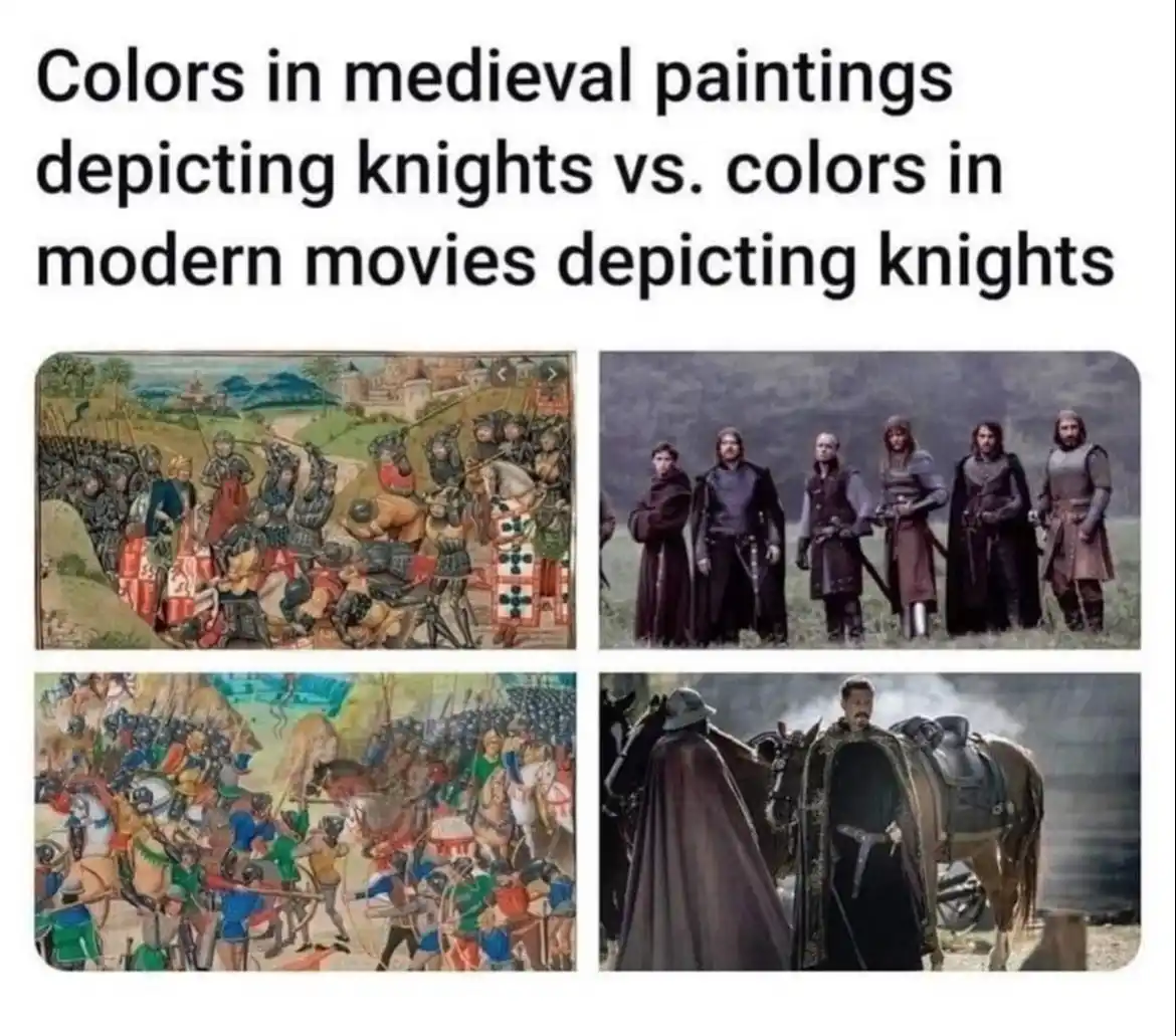 The image displays four panels: two medieval paintings showing knights in bright, varied colors like red, blue, and green…