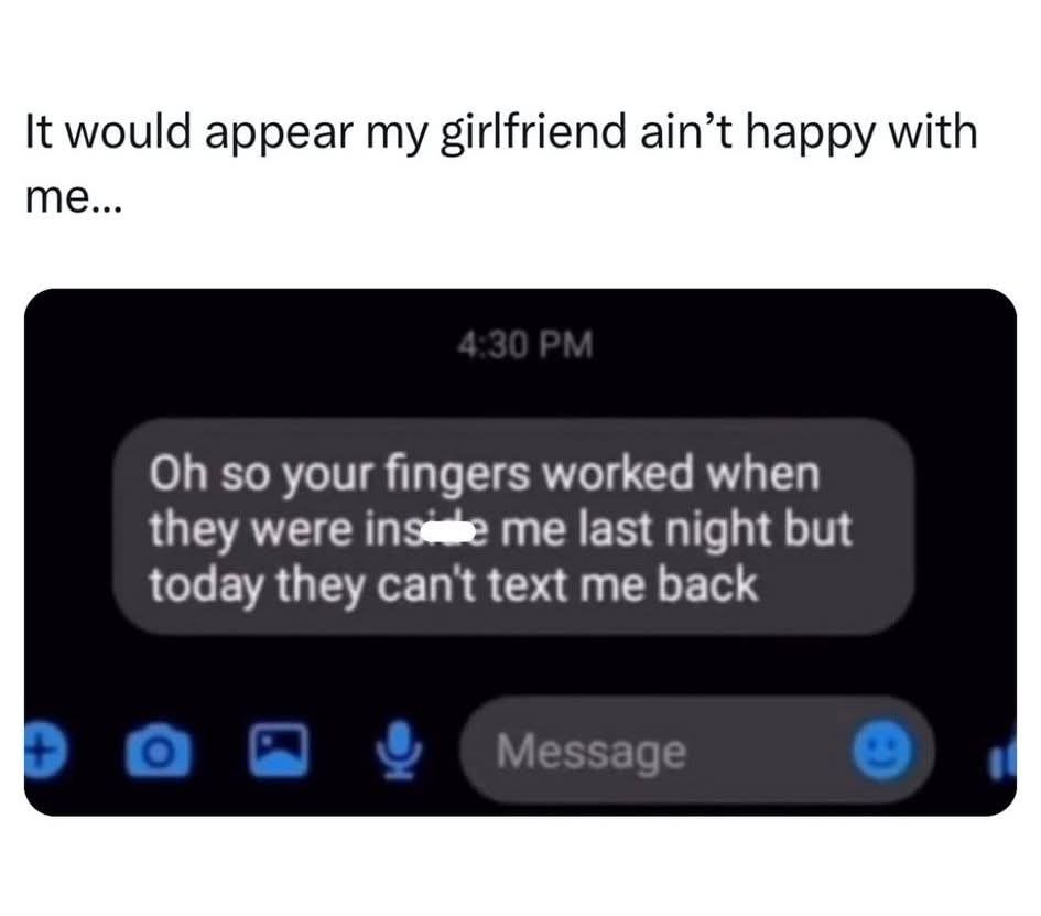 A screenshot of a dark-themed messaging app shows a text message at 4:30 PM that reads 'Oh so your fingers worked when they…