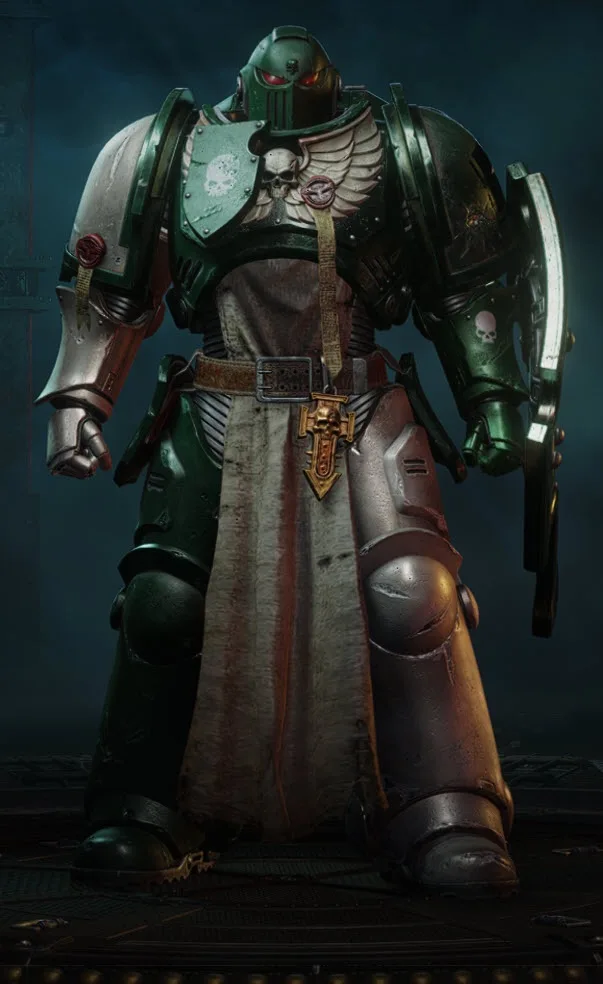 A heavily armored, green-and-silver space marine with glowing red eyes, a skull emblem on his chest, and a tattered cape…
