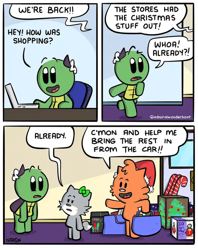 A three-panel comic strip featuring cartoon characters. In the first panel, a green character with horns sits at a desk…
