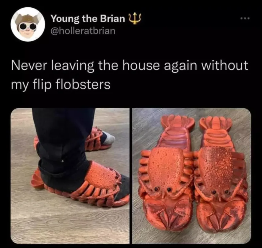A two-panel image shows a person wearing bright orange, lobster-shaped flip-flops, with a close-up of the same shoes on a…