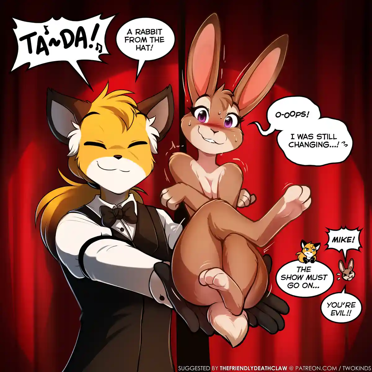 A cartoon fox in a tuxedo holds up a naked rabbit in front of red curtains, exclaiming 'TA~DA! A RABBIT FROM THE HAT!' while…
