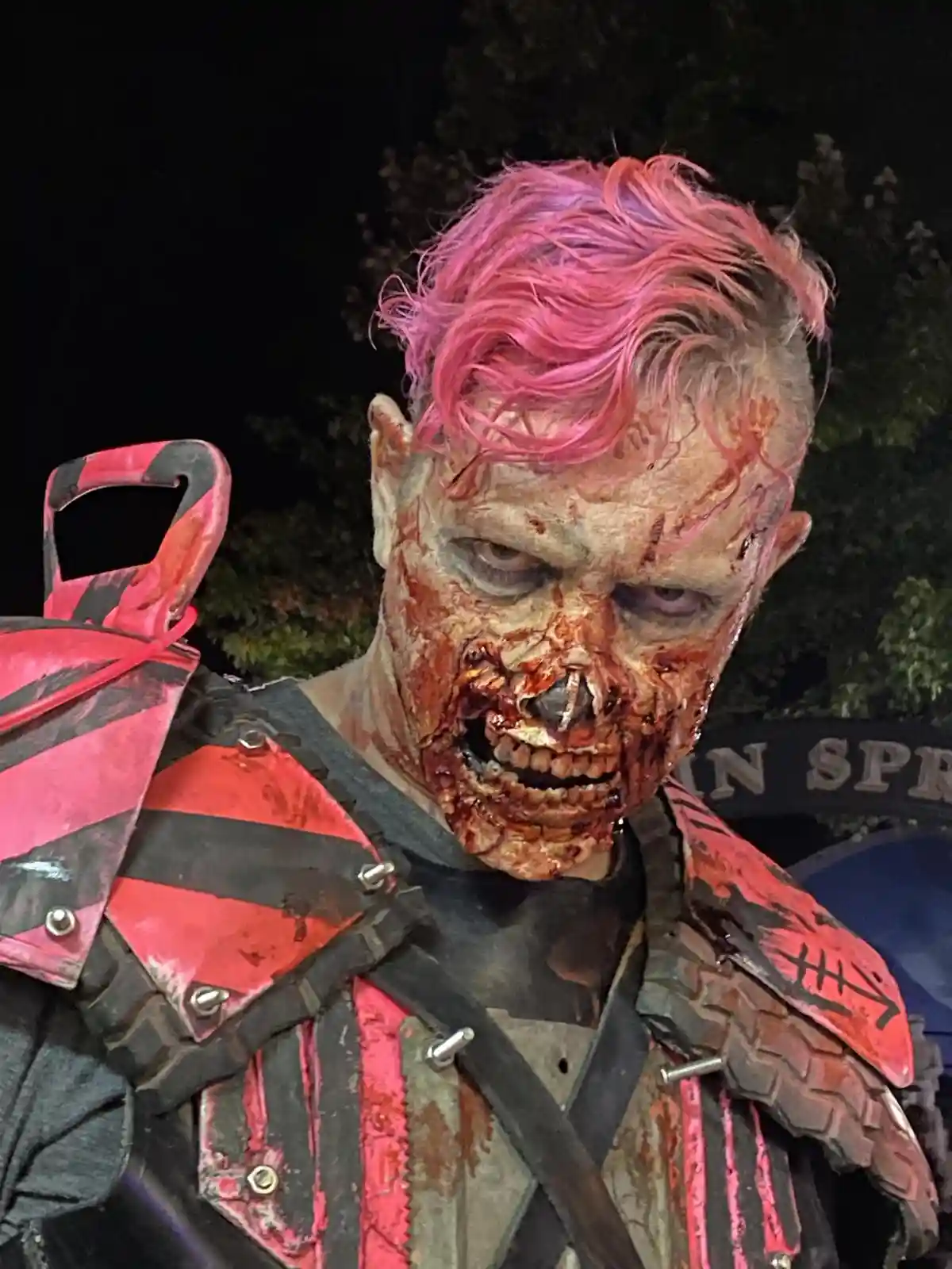 A person in a zombie costume with pink hair, bloody makeup, and a torn red-and-black outfit looks at the camera. The text…