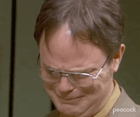 The image shows six panels of Dwight Schrute from The Office, transitioning from a smug, self-satisfied smirk to a tearful…