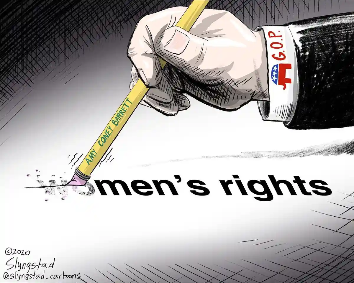 A cartoon hand wearing a G.O.P. wristband holds a yellow pencil labeled 'AMY CONEY BARRETT' and erases the 'W' from the word…