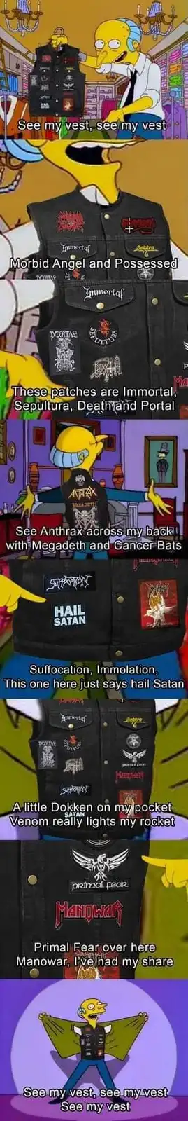 The image is a multi-panel meme featuring Homer Simpson proudly displaying a heavily patched black denim vest. Each panel…