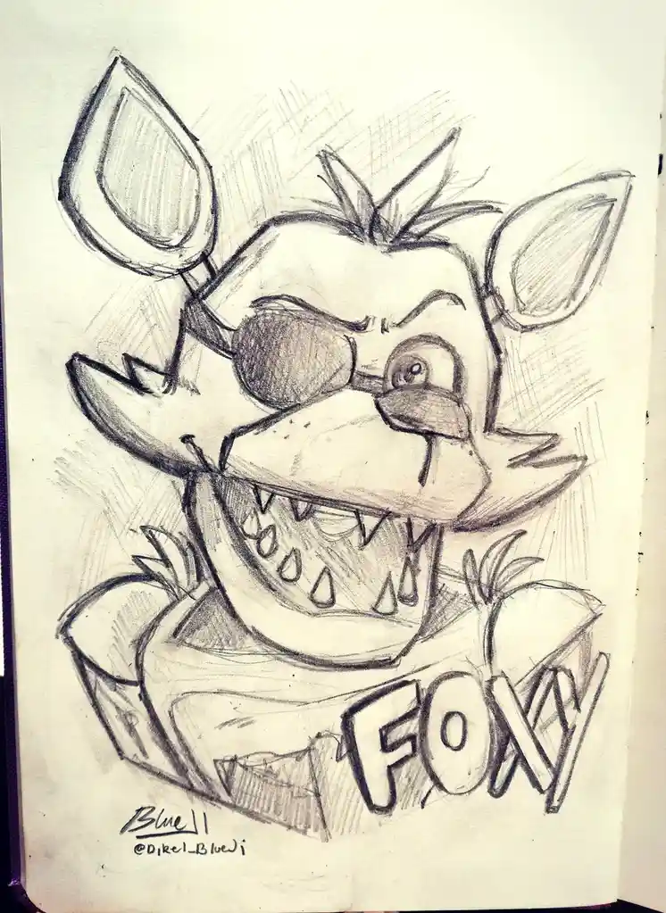 A pencil sketch of the animatronic character Foxy from the 'Five Nights at Freddy's' series, drawn with a menacing grin, one…