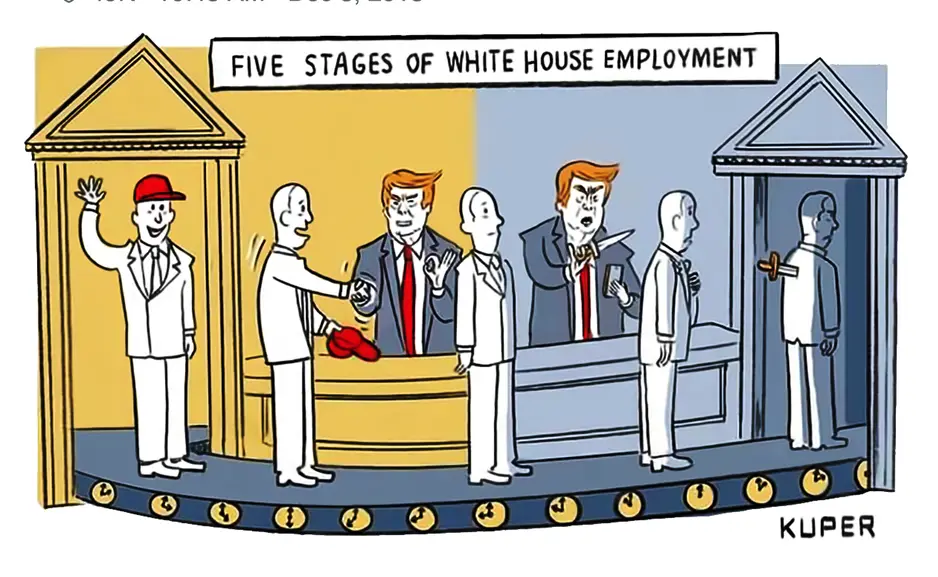 A cartoon depicts five stages of White House employment, showing a man in a white suit and red cap waving cheerfully at the…