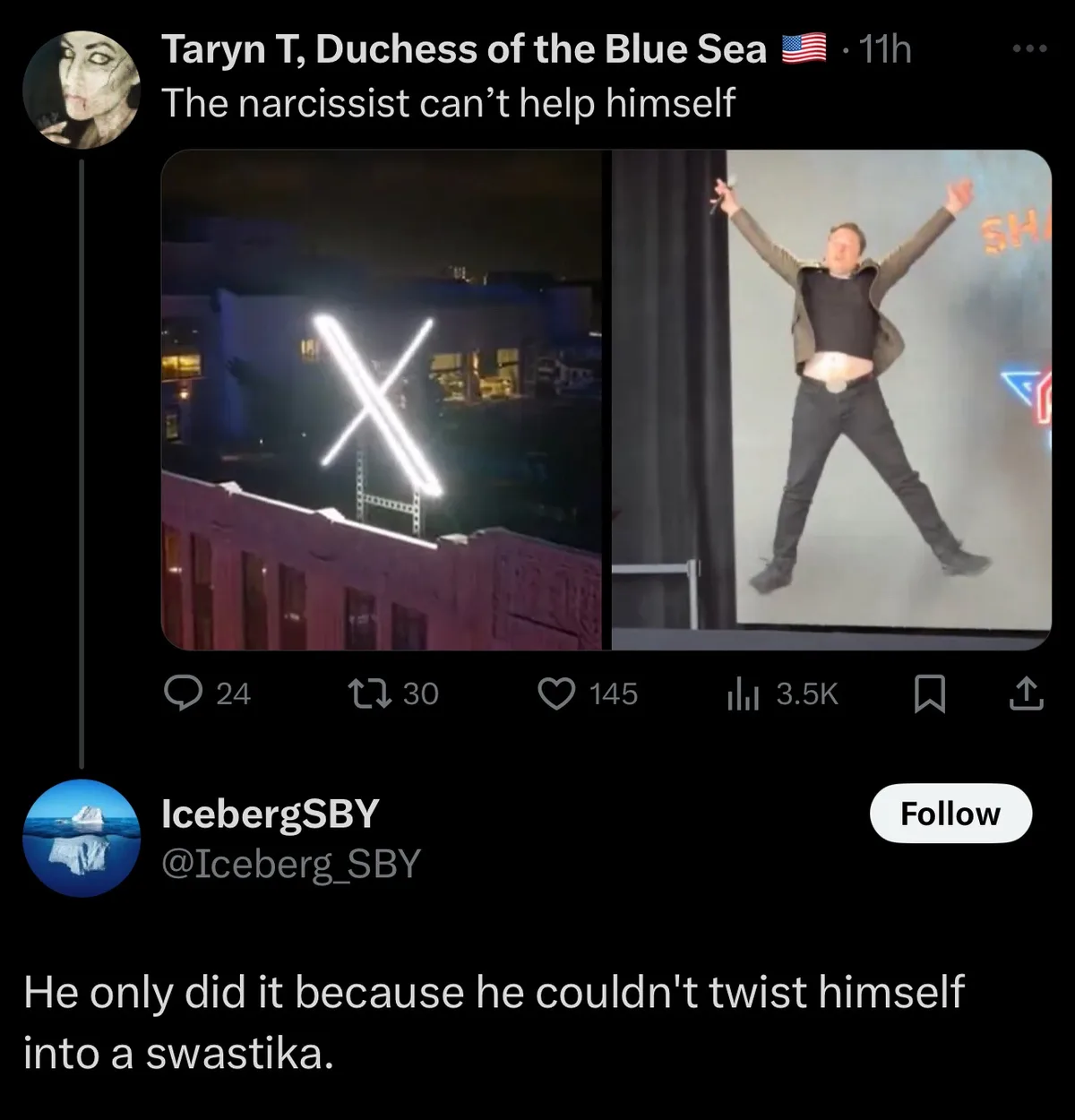 A split image shows a large illuminated 'X' sign on a rooftop at night, juxtaposed with a man in a black shirt and jacket…