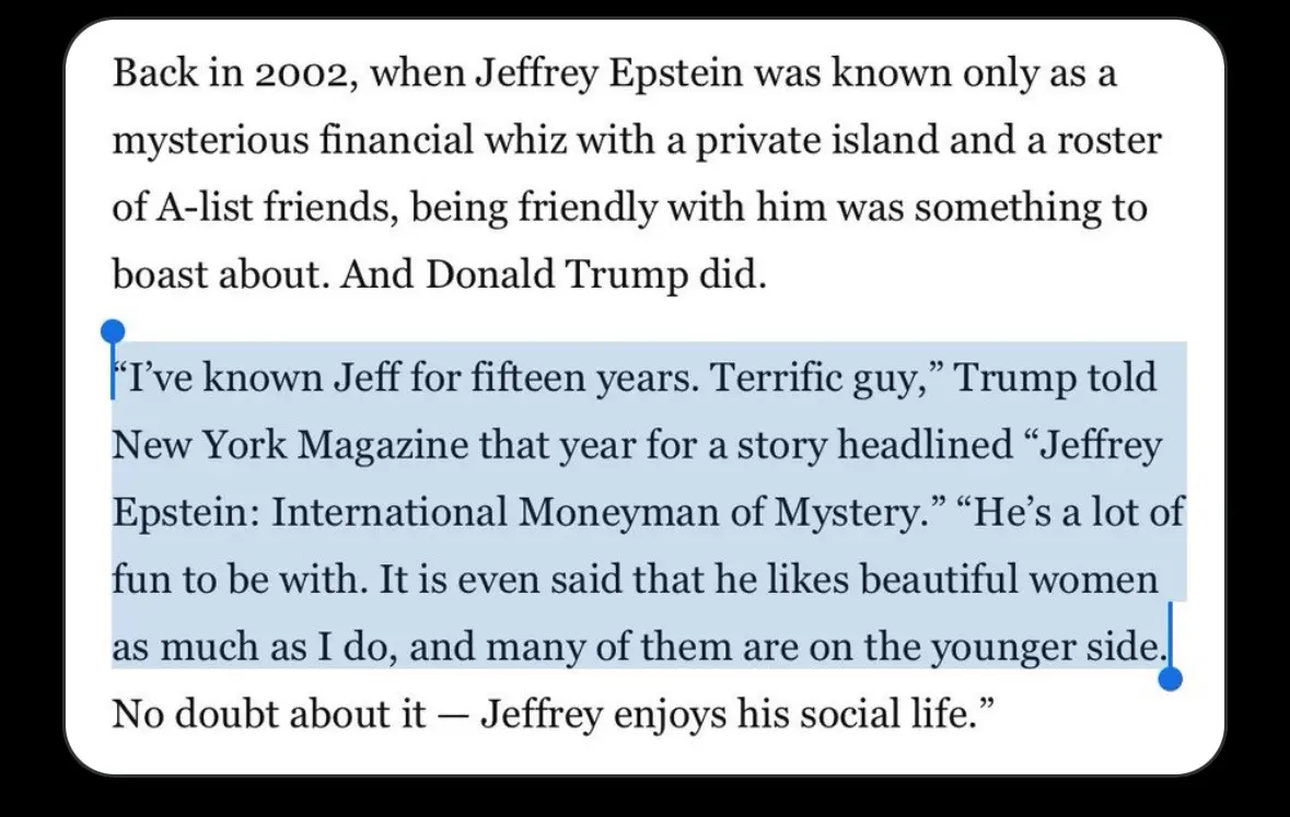 The image displays a screenshot of a text excerpt highlighting a 2002 quote from Donald Trump praising Jeffrey Epstein…