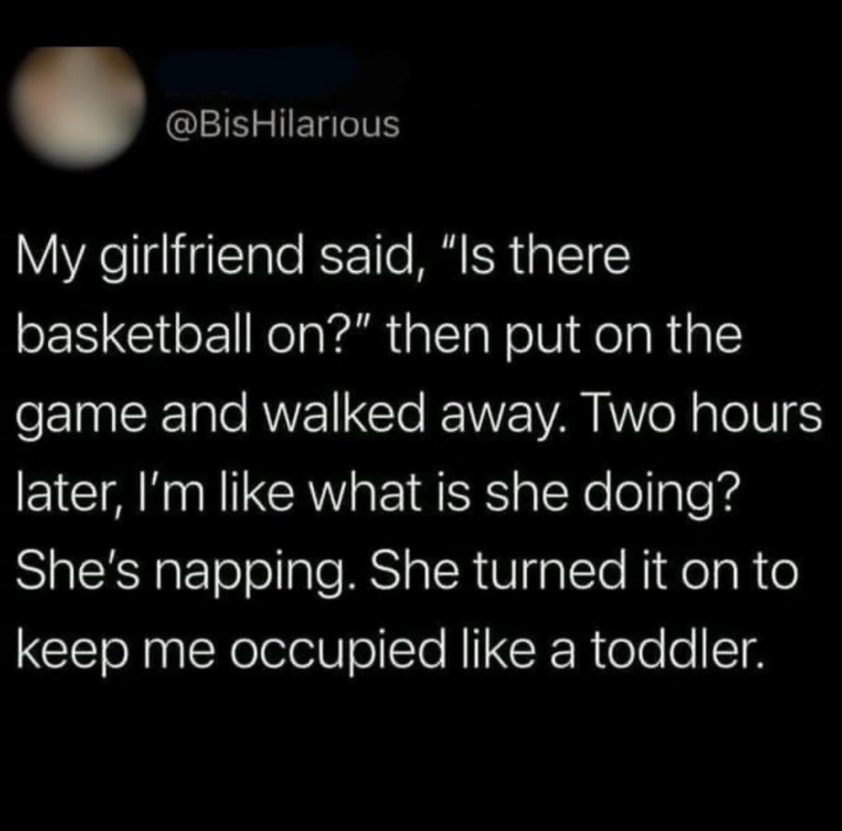 A black background with white text mimicking a social media post from @BisHilarious. The text recounts a story where a…