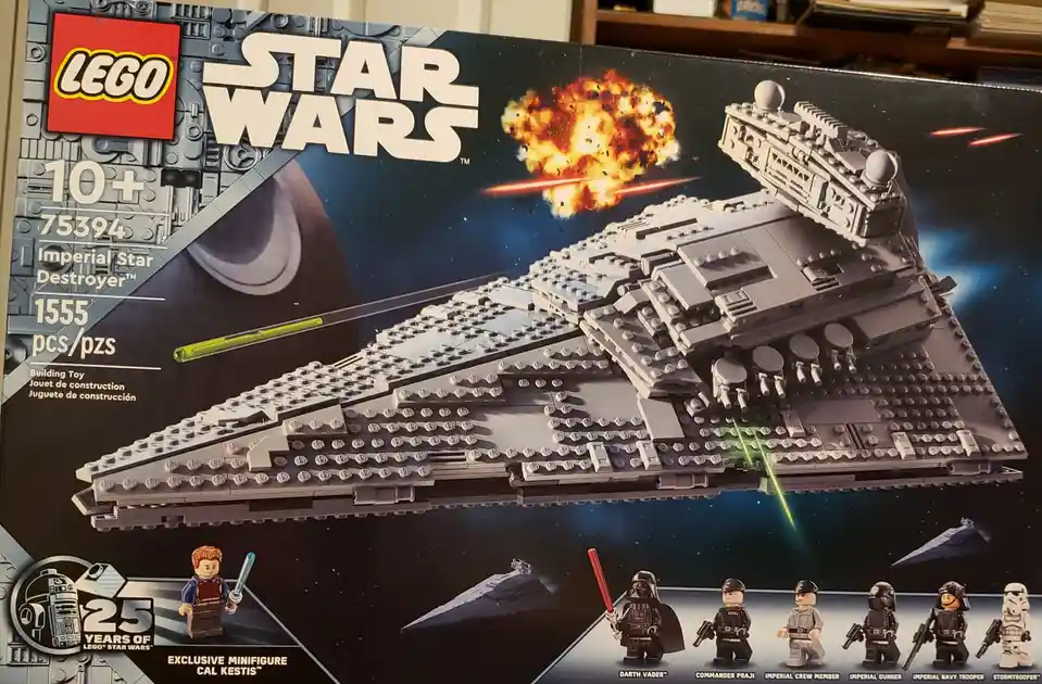 The image shows a LEGO Star Wars box for set 75394, featuring a large grey Imperial Star Destroyer model with visible LEGO…