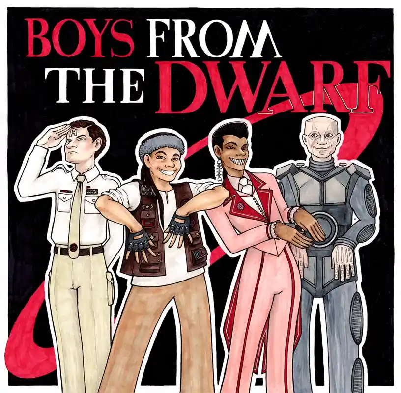 A stylized illustration shows four distinct male characters standing side by side against a black background with a red…