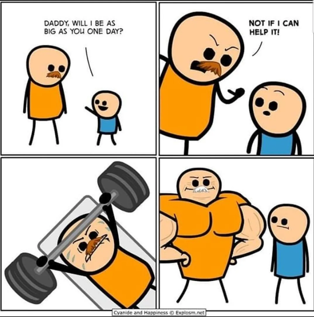 A four-panel comic strip from Cyanide and Happiness shows a child asking his dad if he'll be as big as him. The dad angrily…