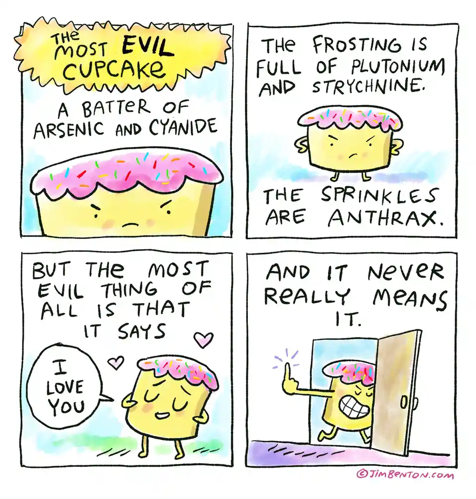 A four-panel comic strip features an anthropomorphic cupcake with a pink frosting and colorful sprinkles. The first panel…
