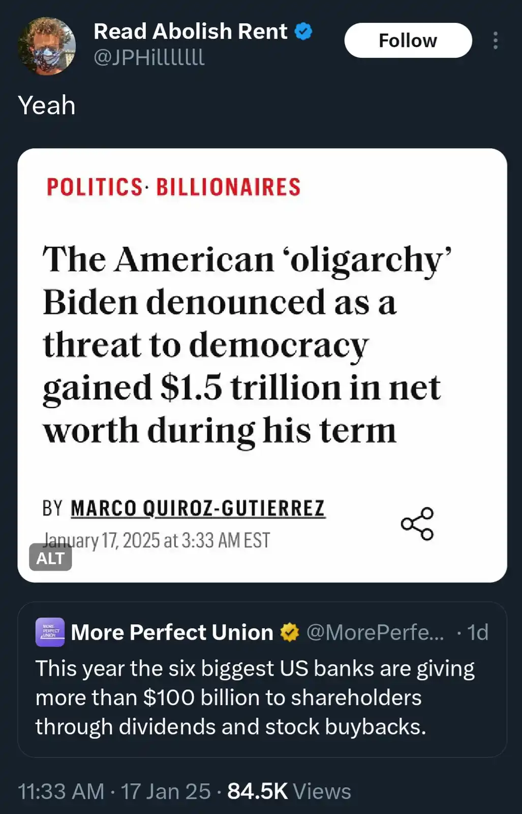 A screenshot of a Twitter post by 'Read Abolish Rent' showing a news article headline that reads 'The American ‘oligarchy’…