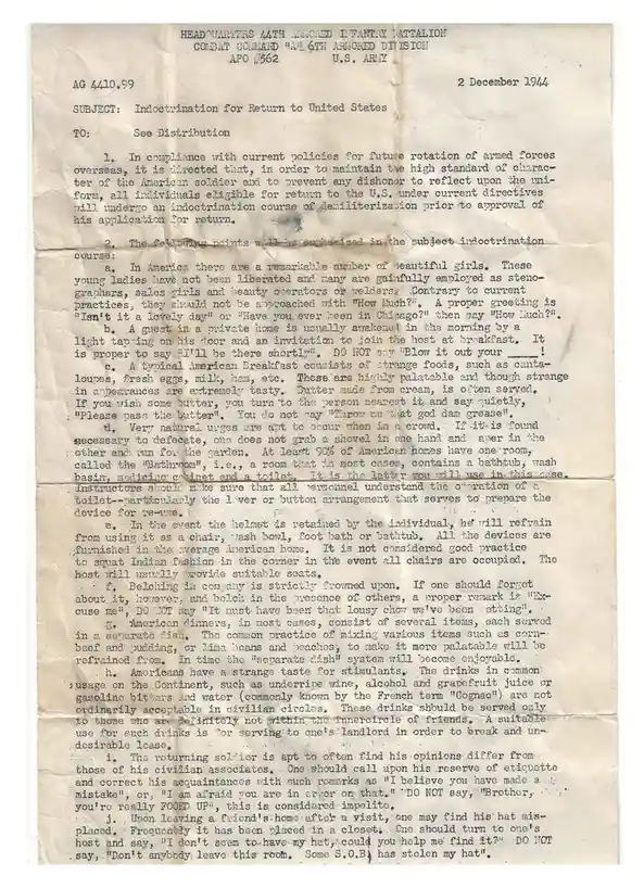 A humorous WWII-era letter on etiquette for returning soldiers in post-war America