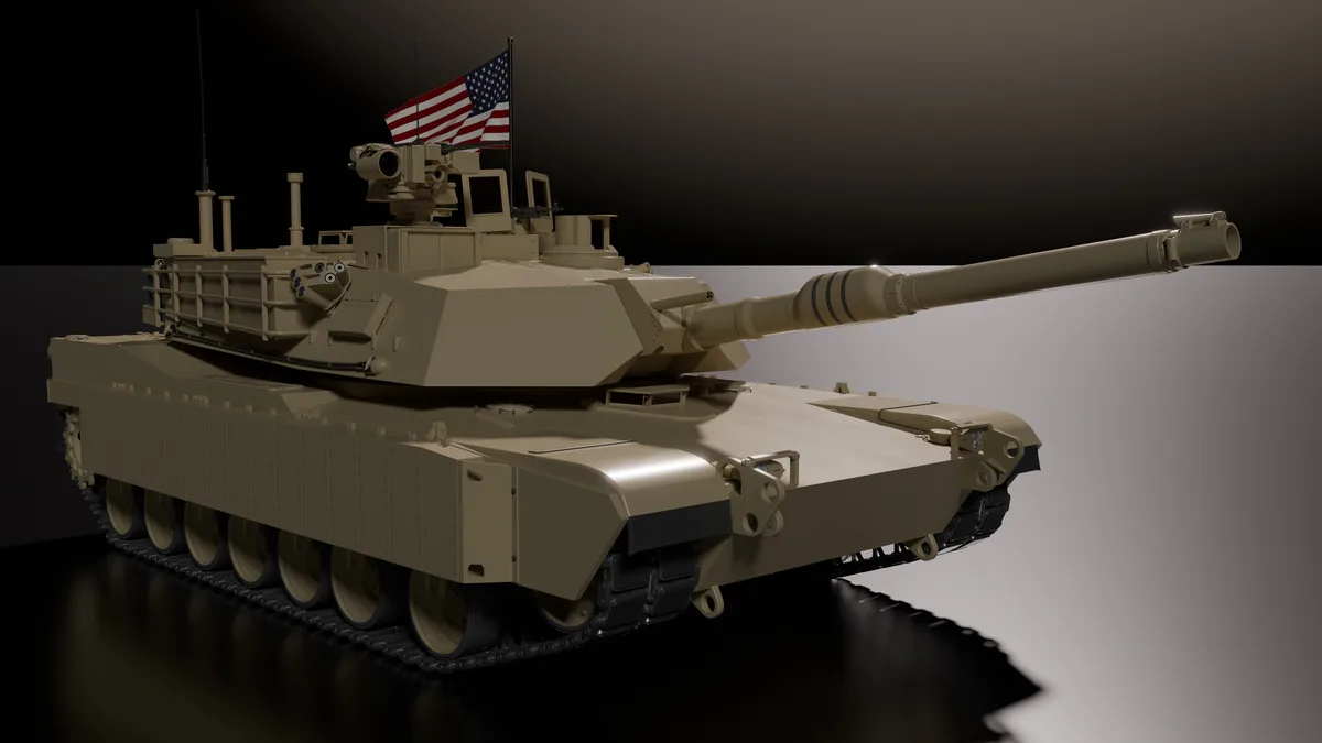 A tan-colored military tank with an American flag on top is shown in a studio-style shot against a dark gradient background…