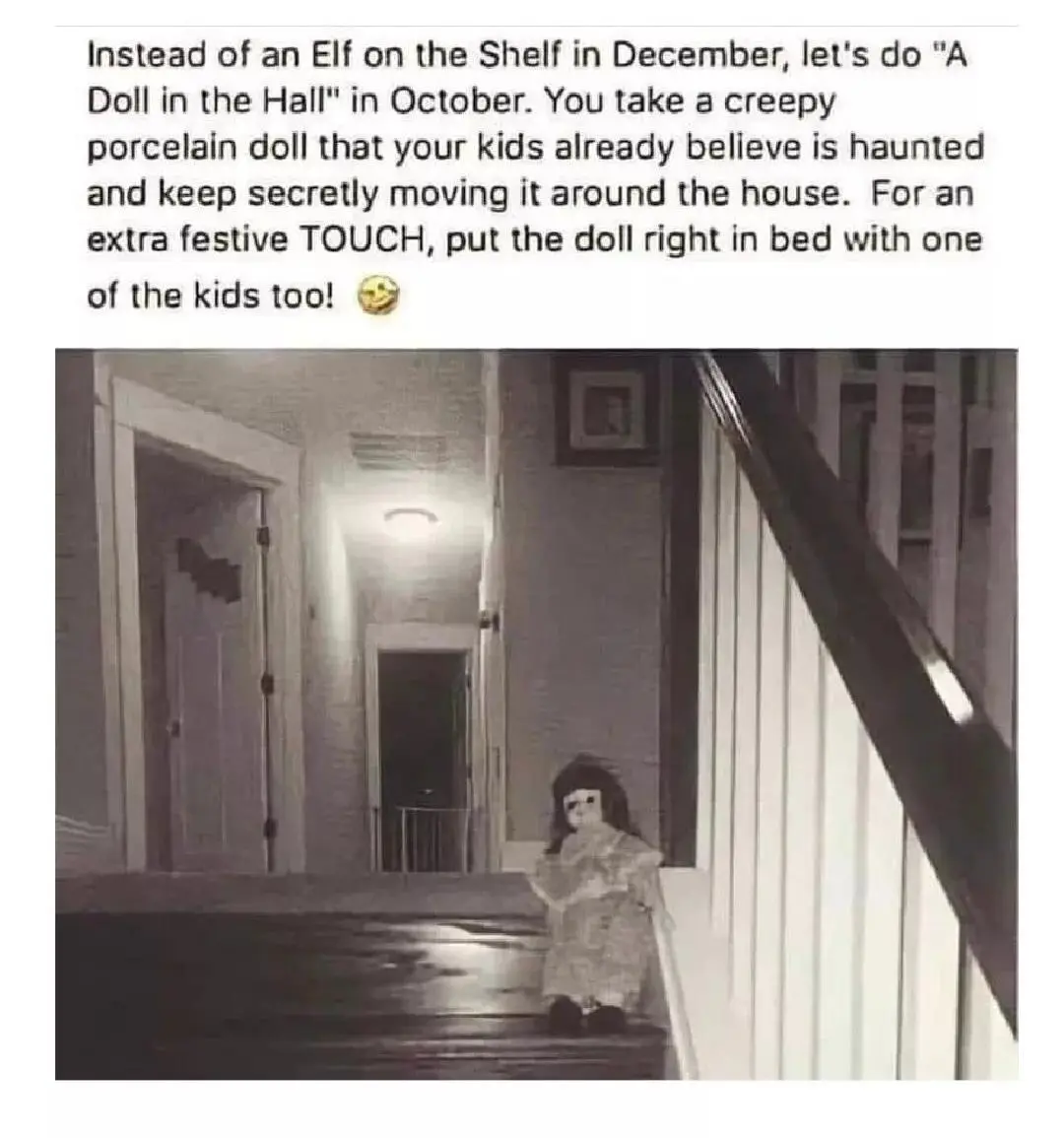 A grainy, black-and-white photo shows a creepy porcelain doll with dark hair and a blank expression sitting alone on a…