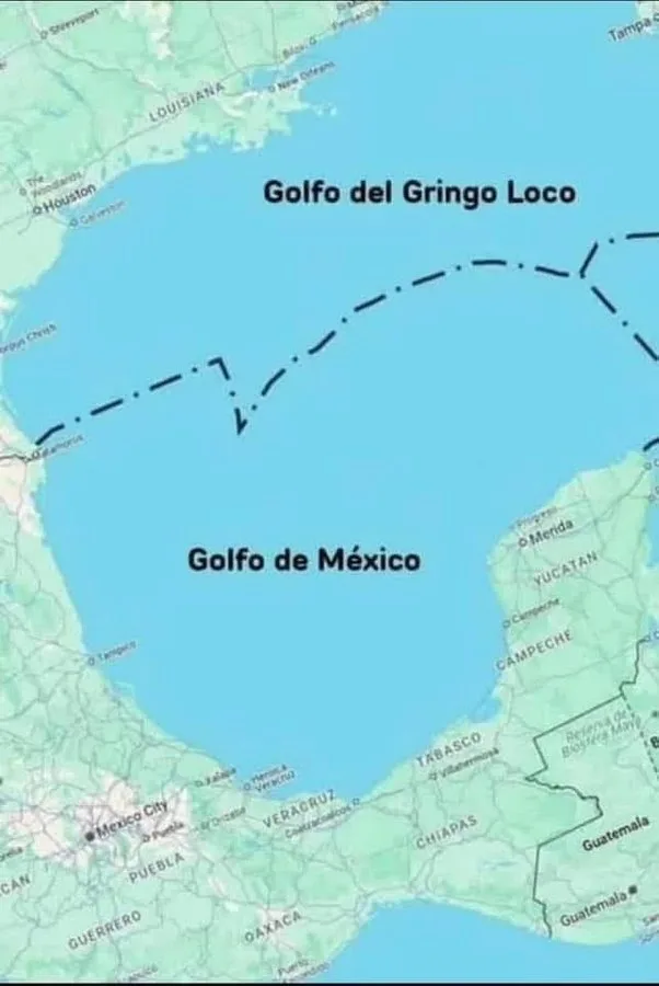 A map of the Gulf of Mexico with a dotted line separating it into two labeled regions: 'Golfo de México' and 'Golfo del…
