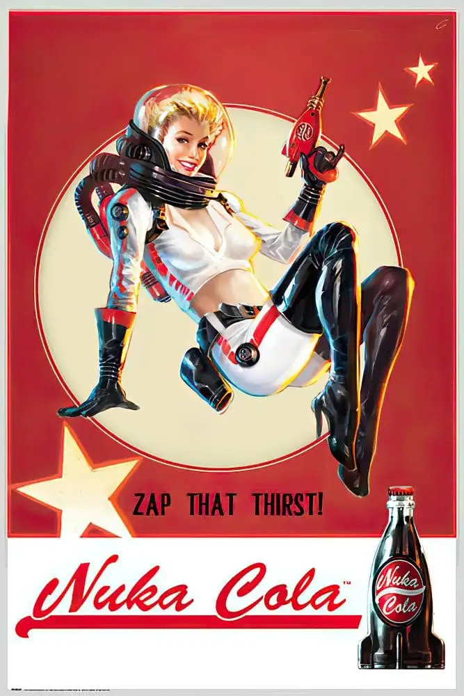 A retro-style advertisement features a blonde woman in a white and red spacesuit with black boots, holding a red Nuka-Cola…