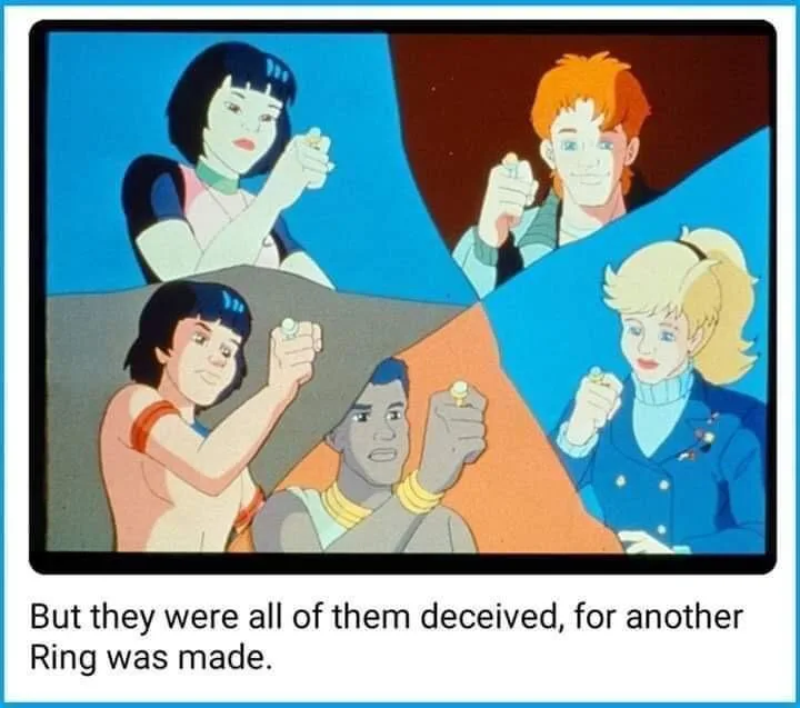 A still from the animated series 'The Real Adventures of Jonny Quest' shows five characters, each holding a small ring. The…