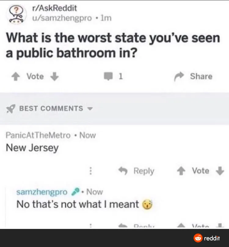 A screenshot of a Reddit post from r/AskReddit asking 'What is the worst state you've seen a public bathroom in?' A top…