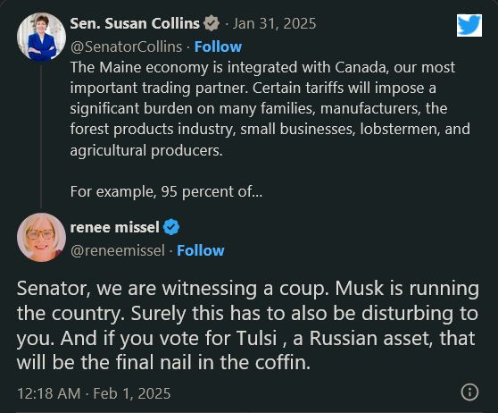 A screenshot of a Twitter thread shows Senator Susan Collins discussing tariffs on Canadian trade. Below, user Renee Missel…