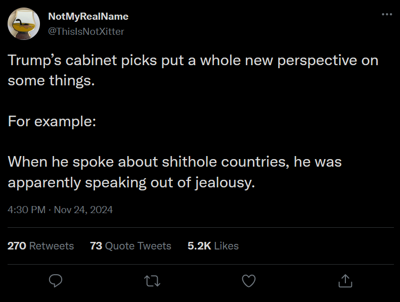 A screenshot of a Twitter post by user @ThisIsNotXitter, which reads: 'Trump's cabinet picks put a whole new perspective on…