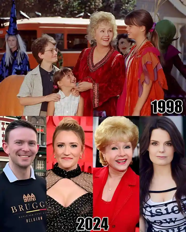The image is split into two rows. The top row, labeled '1998', shows characters from the movie 'Hocus Pocus' including a…