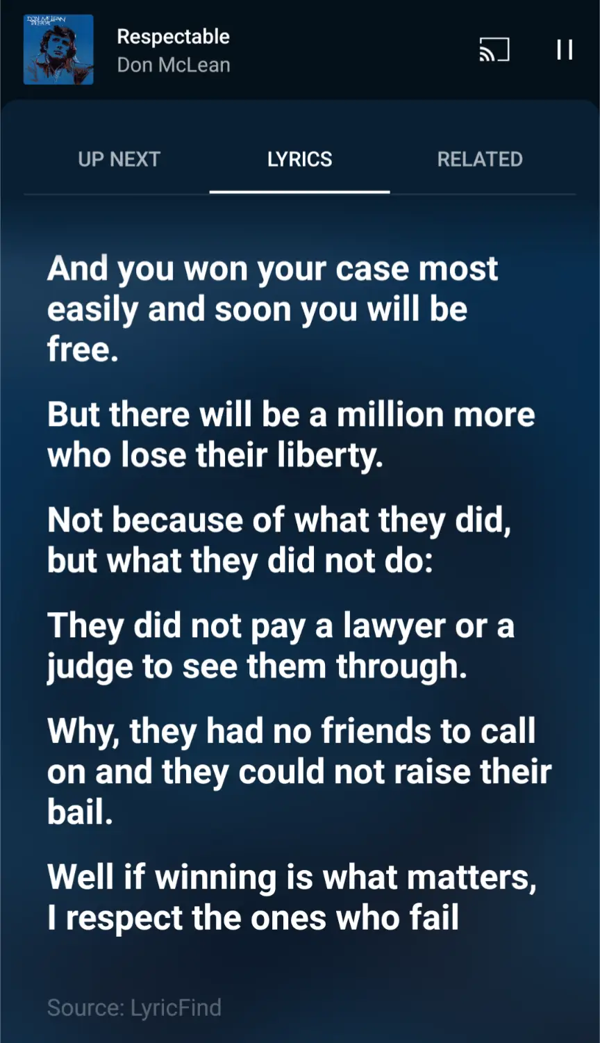 A screenshot of a music app showing the lyrics to Don McLean's song 'Respectable', specifically the verses about how winning…