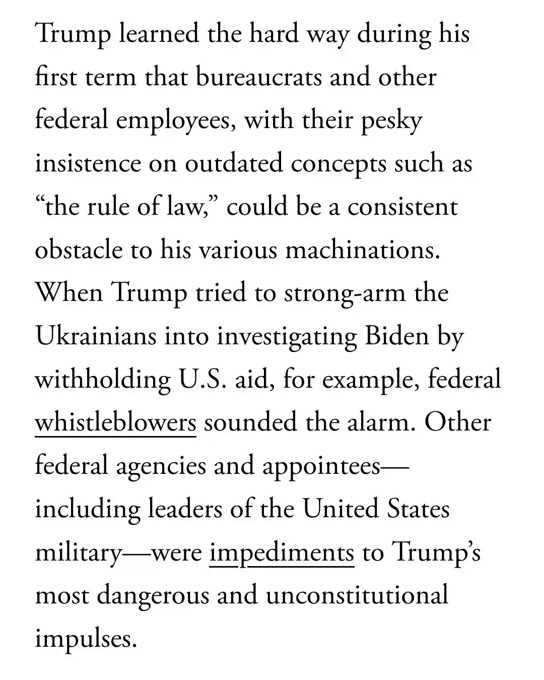 The image displays a block of black text on a white background, detailing how Trump encountered resistance from federal…