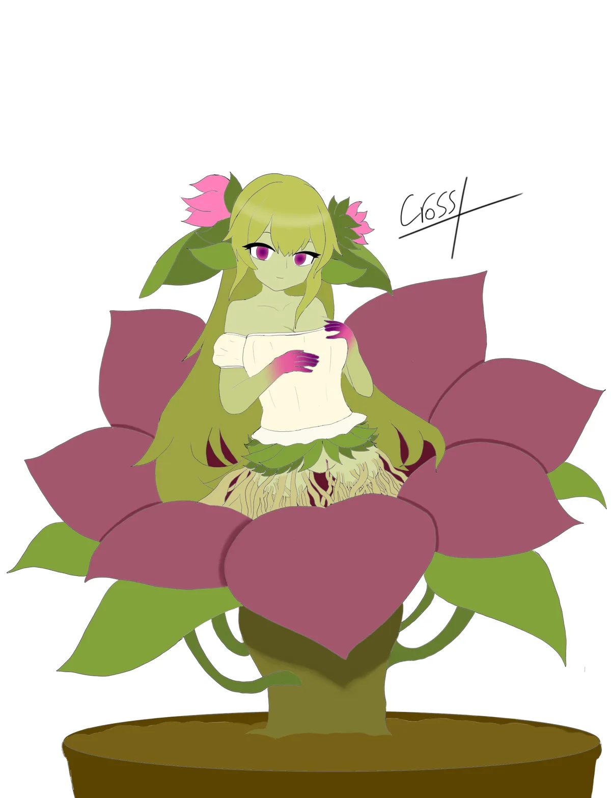 An anime-style illustration of a green-skinned girl with long hair and pink eyes, sitting inside a large, blooming purple…