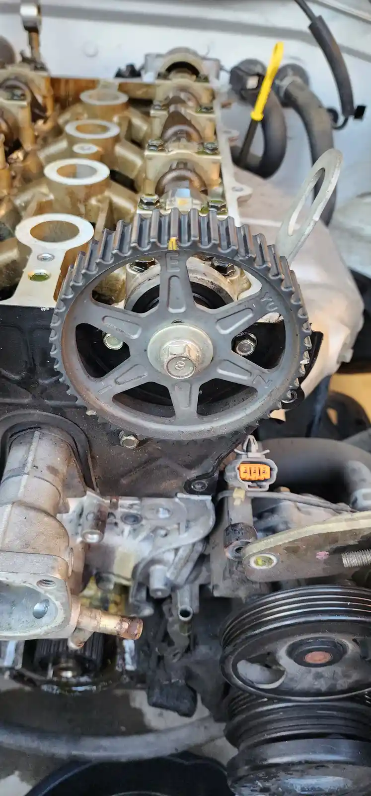 A close-up photo of a car engine's timing cover and camshaft gear, showing a freshly rebuilt engine with visible bolts…