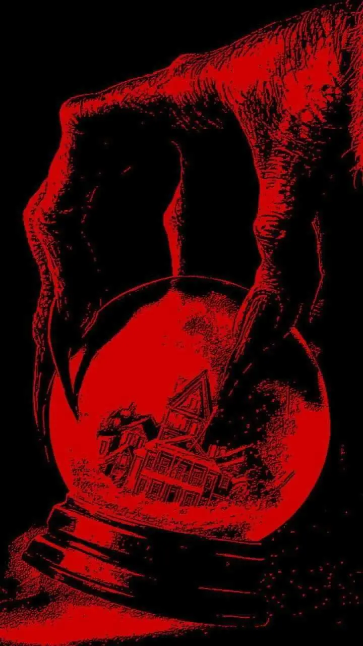 A red-and-black stylized illustration shows a monstrous, clawed hand gripping a snow globe. Inside the globe, a small…