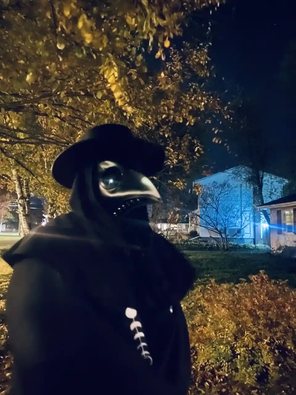 A person wearing a plague doctor costume with a bird-like beak mask and black hooded robe stands outdoors at night under a…