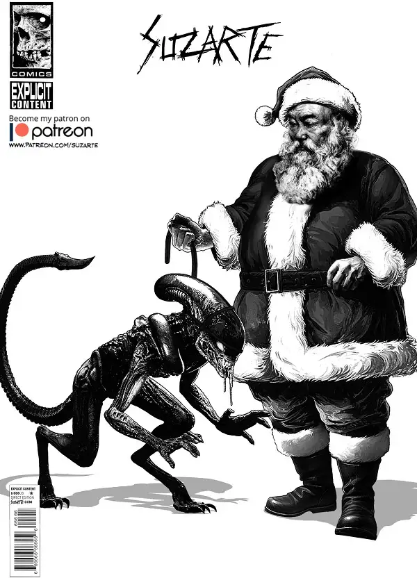 A black-and-white comic book cover by Suzarte shows a menacing Xenomorph alien crouching before a stern-looking Santa Claus…